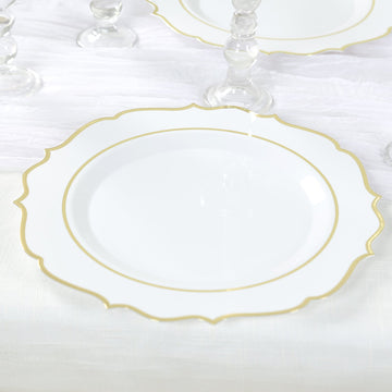 10-Pack Economy Plastic Round Charger Plates 13" in White with Gold Scalloped Rim, Decorative Dinner Party Serving Plates