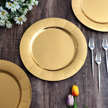 10-Pack Disposable Round Charger Plates in Gold with Leathery Texture - Durable 1100GSM Cardboard Placemats 13"