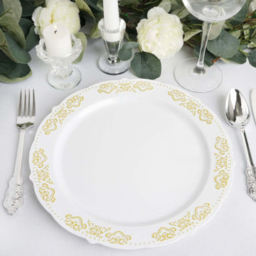 10-Pack Plastic 10" Round Dinner Plates in White with Gold Embossed Scalloped Edge - Chic Disposable Party Plates for Special Occasions & Banquets