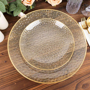 10-Pack Plastic 7" Round Dessert Appetizer Plates in Clear Gold Glittered Hammered Design with Gold Rim - Modern Disposable Salad Plates for Events & Banquets