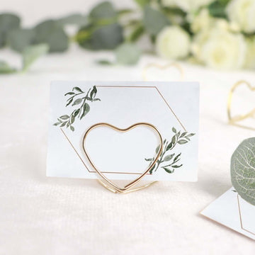 10-Pack Metal Card Holder Stands Double Heart Design Gold - Table Number Stands and Wedding Place Card Menu Clips 1"