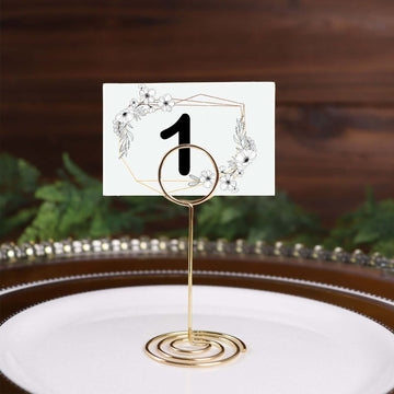 10-Pack Metal Card Holder Stands Mini Circle Hoop Design Gold - Table Number Stands and Wedding Place Card Menu Clips 3.5"