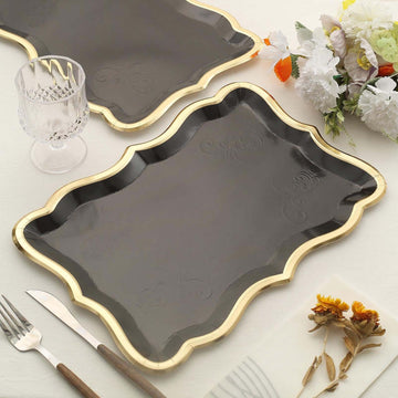 10-Pack Paper 14"x10" Rectangle Serving Trays Black - Heavy Duty Disposable 400GSM Cardboard Party Platters with Exquisite Gold Rim for Weddings & Parties