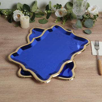 10-Pack Paper 14"x10" Rectangle Serving Trays Royal Blue - Heavy Duty Disposable 400GSM Cardboard Party Platters with Exquisite Gold Rim for Weddings & Parties