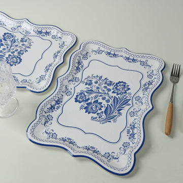 10-Pack Paper 14"x10" Rectangle Serving Trays White Royal Blue Damask Floral Pattern - Heavy Duty Disposable 400GSM Cardboard Party Platters for Weddings & Parties