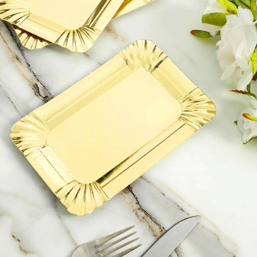 10-Pack Paper 6" Rectangle Serving Trays Metallic Gold - Durable Disposable 400GSM Cardboard Party Platters With Designer Edges for Festive Celebrations