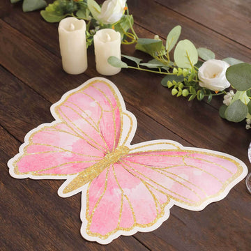 10-Pack Disposable Table Placemats with Pink Butterfly Design & Gold Glitters - 400GSM Cardboard Placemats for Kids' Parties, Baby Showers & Celebrations 14"