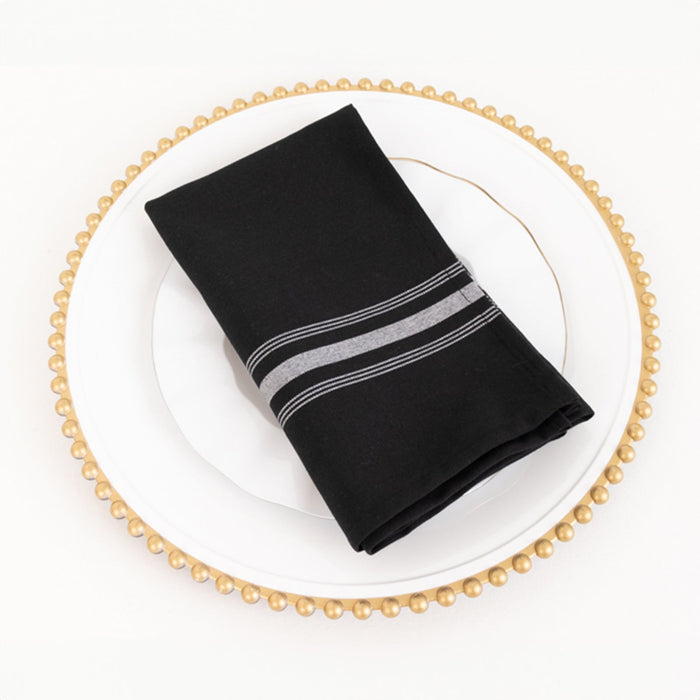 10 Pack Black Spun Polyester Cloth Napkins with White Reverse Stripes, Premium Restaurant Quality