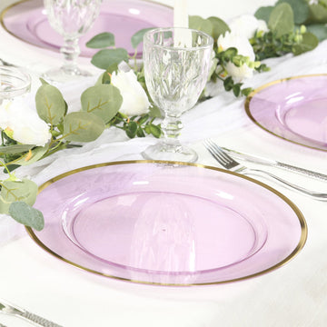 10 Pack Purple Economy Plastic Charger Plates With Gold Rim, 12" Round Transparent Dinner Chargers Event Tabletop Decor