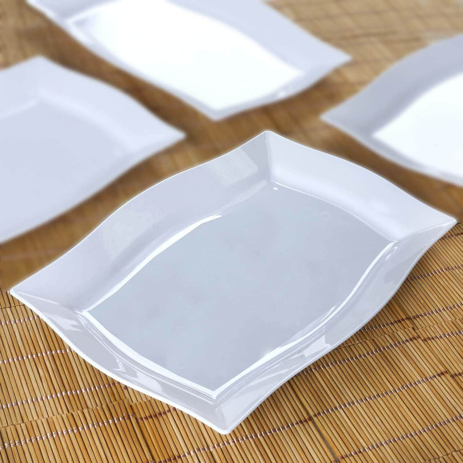 White Plastic Disposable Rectangular Serving Trays Plates - With Glossy Finish & Wave Trimmed Rim