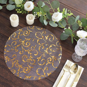 10-Pack Table Placemats Embossed Foil Flower Design Metallic Gold Round - Sheer Organza Disposable Mats 13"