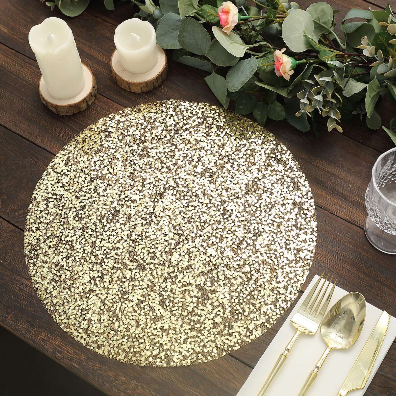 10-Pack Table Placemats Sequin Design Metallic Gold Round - Mesh Disposable Dust-Free Dining Mats 13"