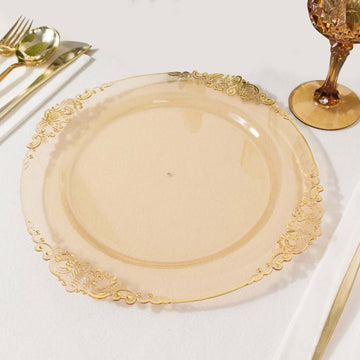 10-Pack Plastic 10" Round Dinner Plates in Transparent Amber Gold with Gold Leaf Embossed Rim - Disposable Vintage Baroque Style Plates