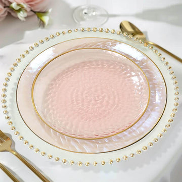 10-Pack Plastic 7" Round Dessert Appetizer Plates in Transparent Blush Hammered Design with Gold Rim - Modern Disposable Salad Plates