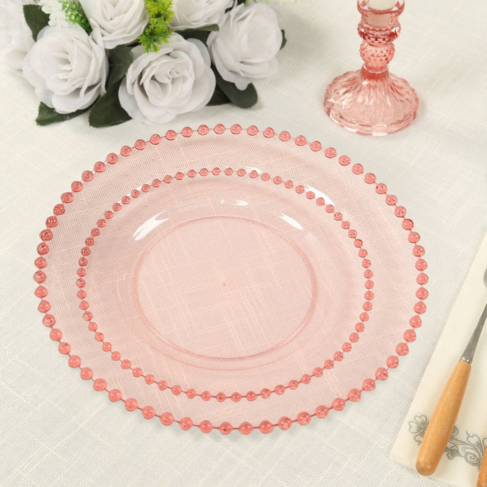 10-Pack Transparent Blush Plastic Dessert Plates – 8inch Round with Beaded Rim, Disposable