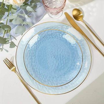 10-Pack Plastic 7" Round Dessert Appetizer Plates in Transparent Dusty Blue Hammered Design with Gold Rim - Modern Disposable Salad Plates