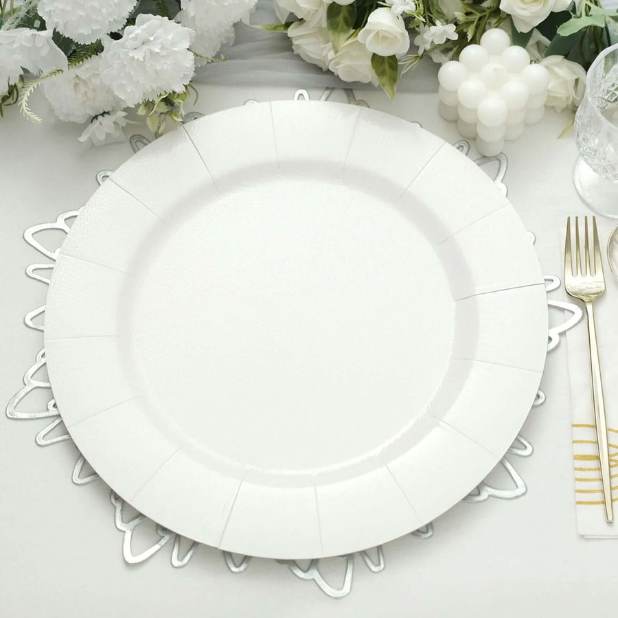 10-Pack Disposable Round Charger Plates in White with Leathery Texture - Durable 1100GSM Cardboard Placemats for Dinner Parties & Banquets 13"