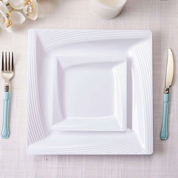 10-Pack Plastic 6" Square Dessert Plates in White with Geometric Ridge Trim - Disposable Appetizer Salad Plates for Stylish Gatherings & Celebrations