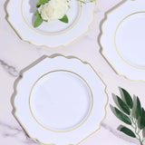 White 8inch Heavy Duty Plastic Dessert Salad Plates, Disposable Tableware, Baroque with Gold Rim