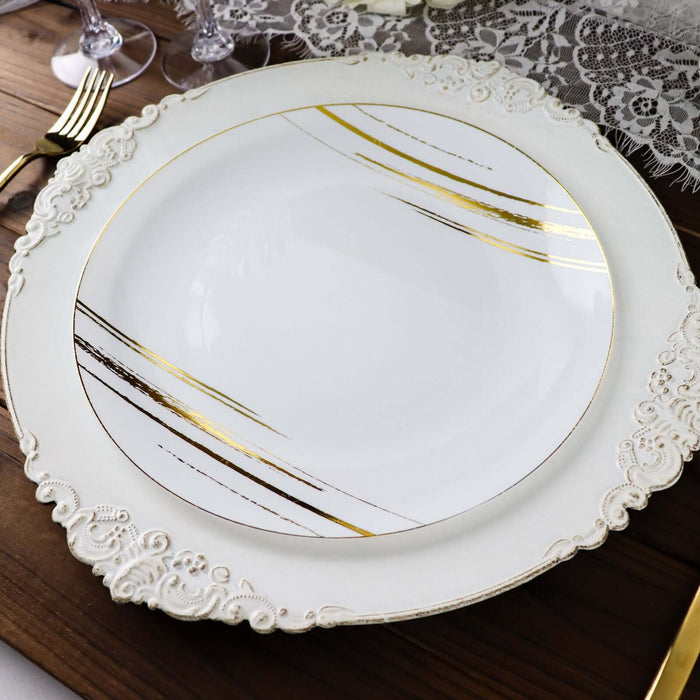 10 Pack | White & Gold Brush Stroked 10inch Round Plastic Dinner Plates