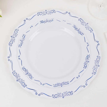 10-Pack Plastic 7" Round Dessert Plates in White with Blue Vintage Embossed Rim - Sturdy Disposable Scalloped Edge Salad Plates