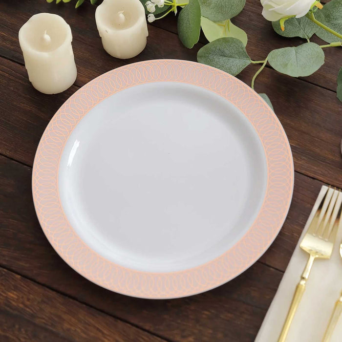 10 Pack White Disposable Party Plates With Blush Rose Gold Spiral Rim, 10" Round Plastic Dinne