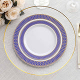 10 Pack White Disposable Salad Plates With Navy Blue Gold Spiral Rim