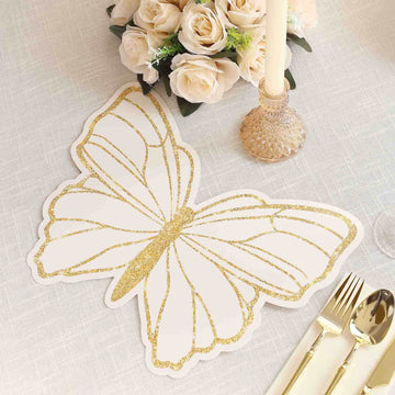 10-Pack Disposable Table Placemats with White Butterfly Design & Gold Glitters - 400GSM Cardboard Placemats for Kids' Parties, Baby Showers & Celebrations 14"