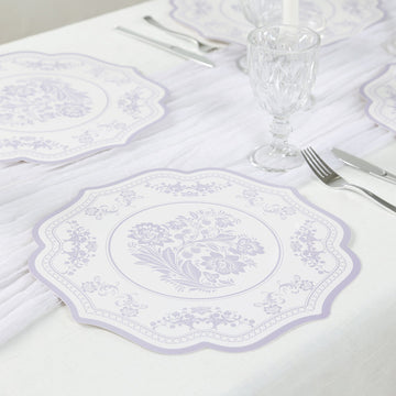 10-Pack Disposable Table Placemats 13" Round Placemats in White with Lavender Damask Floral Pattern & Scalloped Rim - 400GSM Cardboard Placemats for Stylish Table Setting