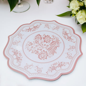 10-Pack Disposable Table Placemats 13" Round Placemats in White with Pink Damask Floral Pattern & Scalloped Rim - 400GSM Cardboard Placemats for Stylish Table Setting