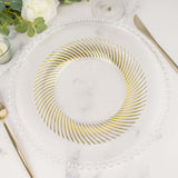 10 Pack | 9inch Clear / Gold Swirl Rim Disposable Dinner Plates, Round Plastic Party Plates