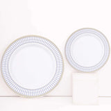 10 Pack White Renaissance Disposable Dinner Plates With Gold Navy Blue Chord Rim, Plastic Party