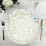 10 Pack White Round Plastic Dessert Plates with Gold Leaf Design