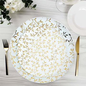 10-Pack Plastic 8" Round Salad Dessert Plates in White with Gold Leaf Design - Heavy Duty Disposable Party Plates for Stylish Events & Memorable Gatherings