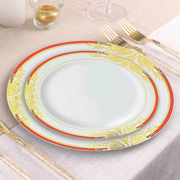 10-Pack Plastic 8" Round Dessert Plates in White with Red Rim - Stylish Gold Vine Design Disposable Salad/Appetizer Plates for Special Occasions & Celebrations