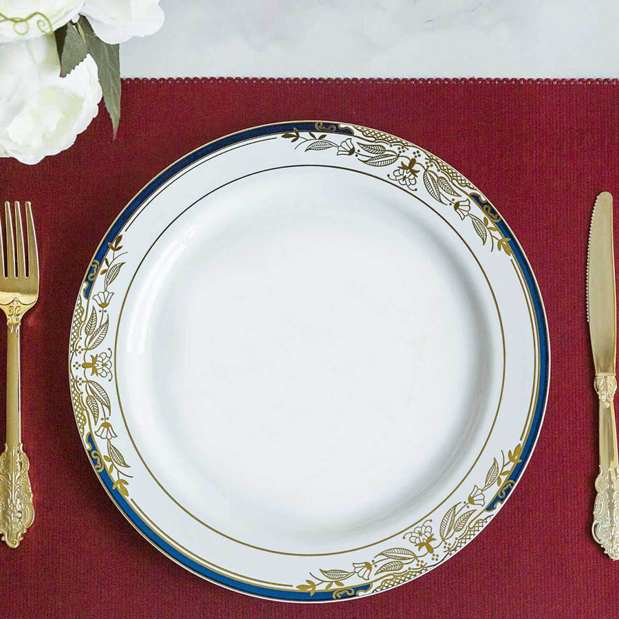 10 Pack | White With Royal Blue Rim 10inch Plastic Dinner Plates, Round With Gold Vine Design