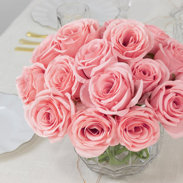 10 Pcs 12" Artificial Silk Roses - Pink, Single Stem Rose for Flower Bouquet Arrangements