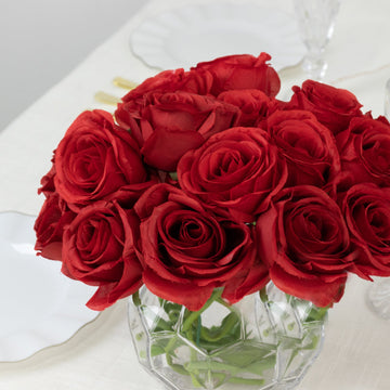 10 Pcs 12" Artificial Silk Roses - Red, Single Stem Rose for Flower Bouquet Arrangements