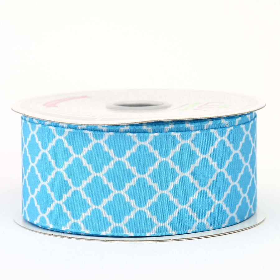 10 Yards 1.5 Inch | Torquoise Grosgrain Geometric Pattern Quatrefoil Ribbon | TableclothsFactory#whtbkgd