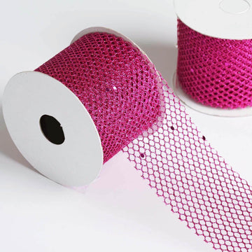 10 Yards 2.5" Fuchsia Glittery Hexagonal Deco Mesh Ribbons