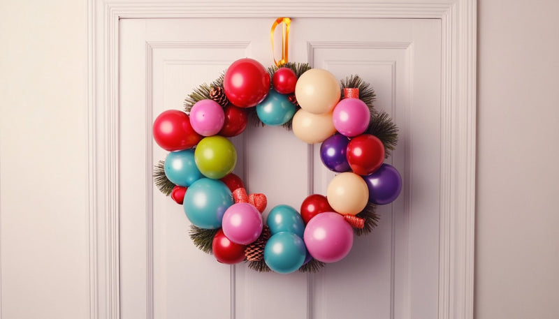 Balloon wreath with greenery and pine cones