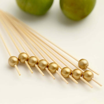 100-Pack Bamboo Cocktail Picks Gold Pearl Decorative Top Design - Eco Friendly Stir Sticks 4.5"