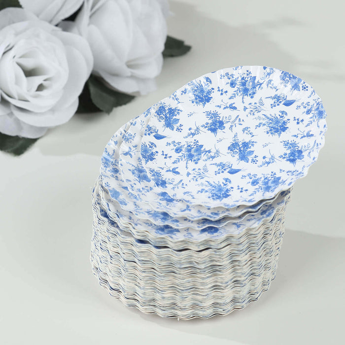 100 Pack White Blue French Toile Party Plates with Scalloped Rim