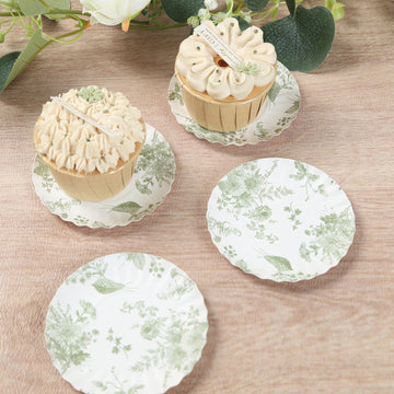 100-Pack Paper 3.5" Round Plates in White with Sage Green French Toile Design & Scalloped Rim - Disposable Mini 250GSM Dessert Party Plates for Tapas, Appetizers & Finger Foods