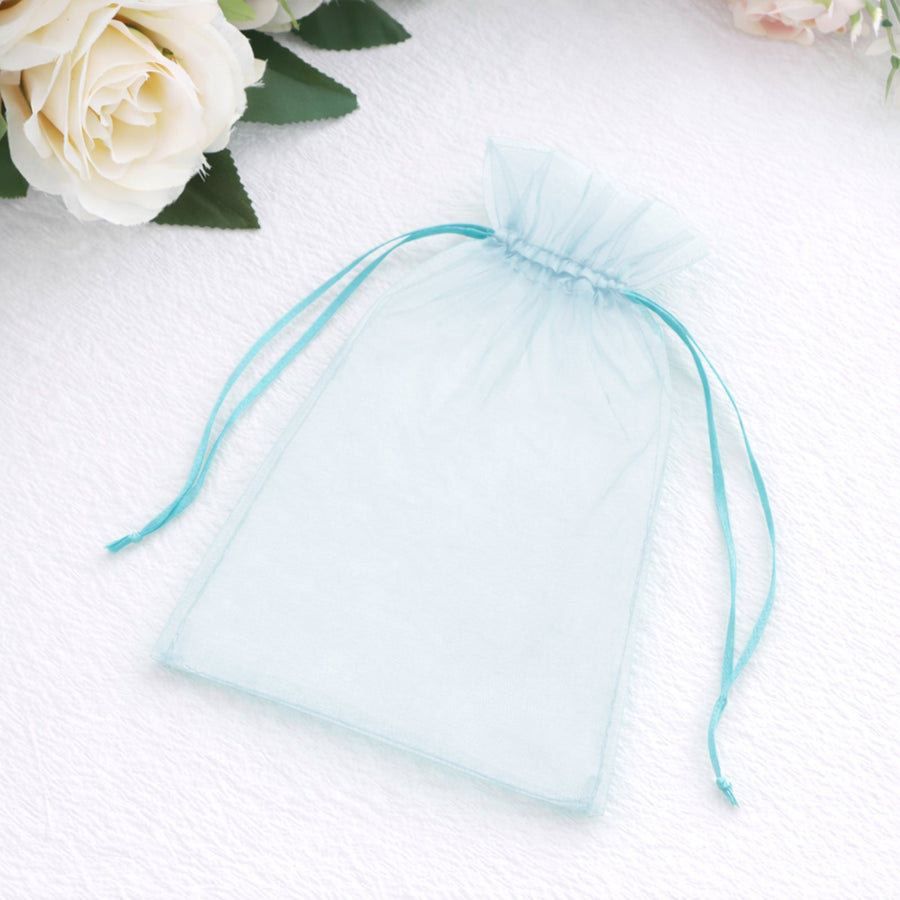 Light blue organza gift bag with drawstring closure