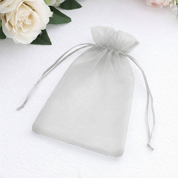 100 Pack Silver Organza Gift Bags with Drawstring, 5" x 7" – Wedding Party Favor Bags