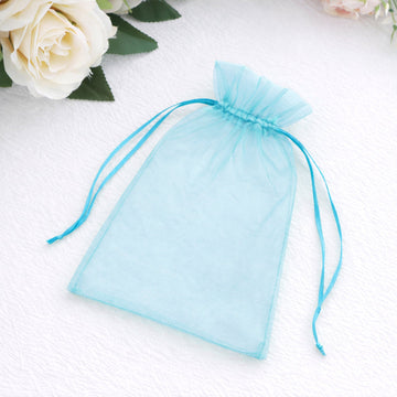 100 Pack Turquoise Organza Gift Bags with Drawstring, 5" x 7" – Wedding Party Favor Bags