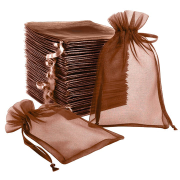 100 Pack Chocolate Organza Gift Bags with Drawstring, 6" x 9" – Wedding Party Favor Bags
