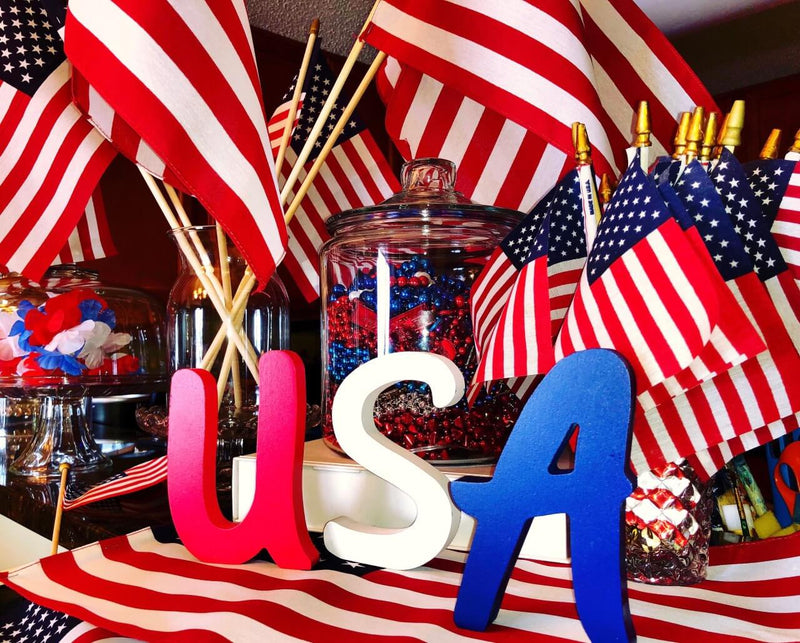 Patriotic tabletop with USA letters and flags