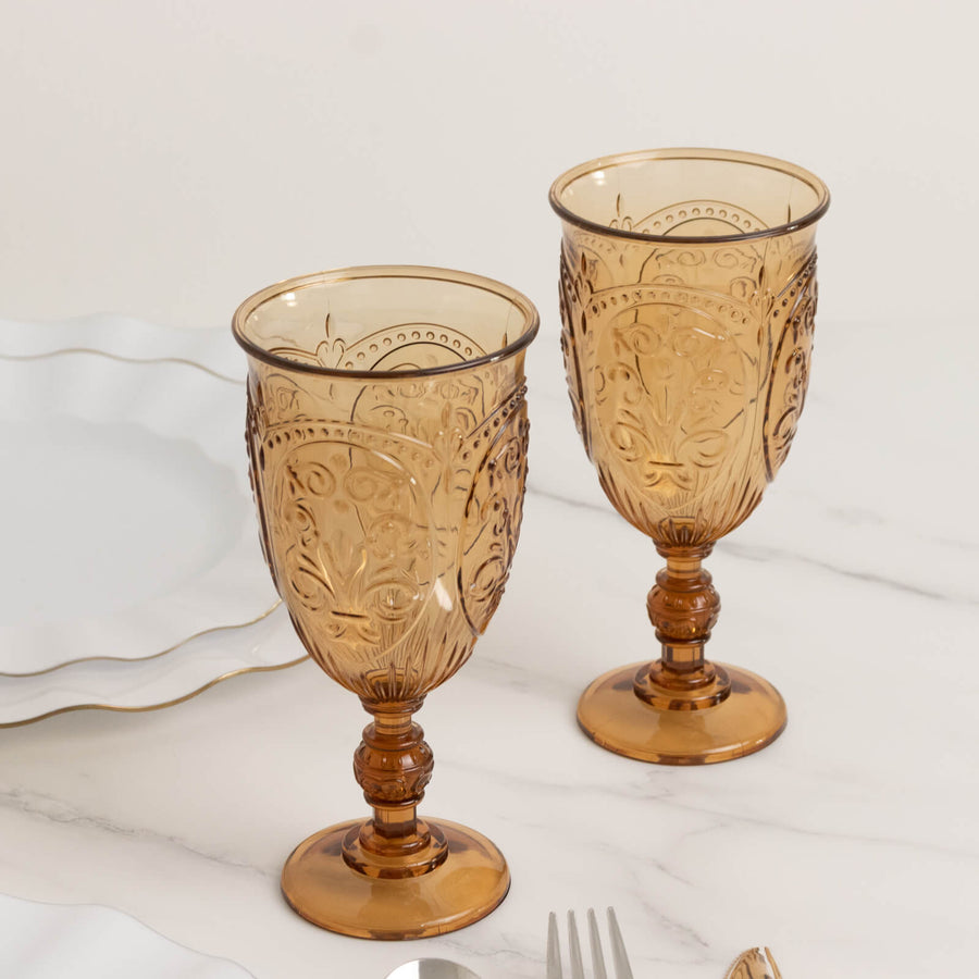 24-Pack Plastic Wine Glasses 10oz – Amber Gold Vintage Goblets with Retro Embossed Design, Elegant